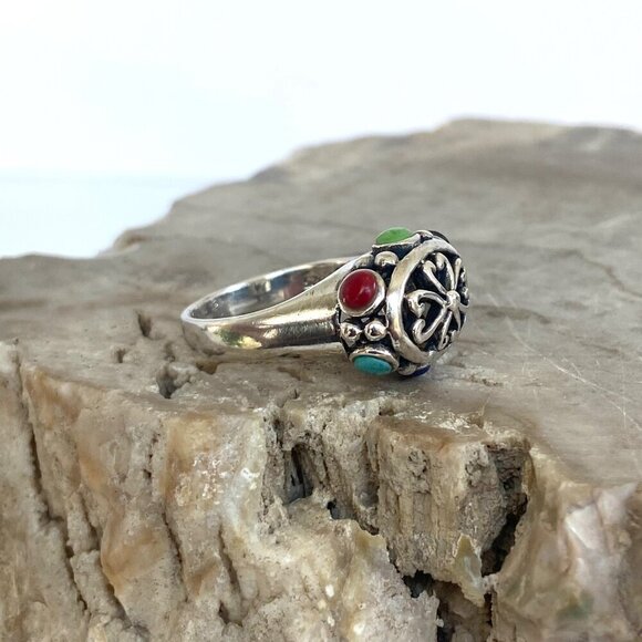 Sterling Silver 925 Oval Scrollwork Bali Multi Gemstone Scrollwork Ring 5.75 - Picture 4 of 16